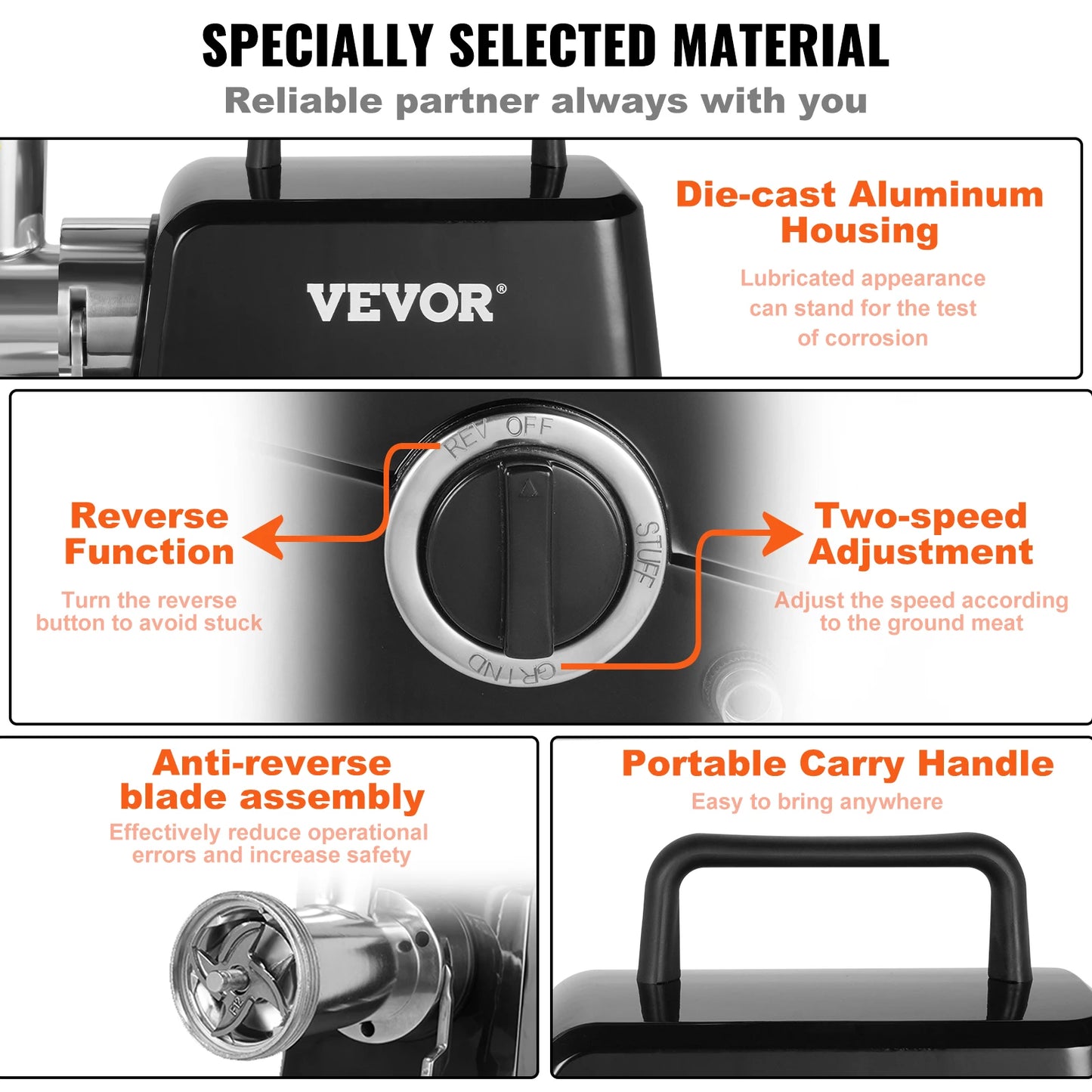 VEVOR-picadora de carne eléctrica de 419 LB/H, PICADORA DE CARNE de acero inoxidable de alta resistencia, procesador de alimentos para electrodomésticos, herramientas picadoras