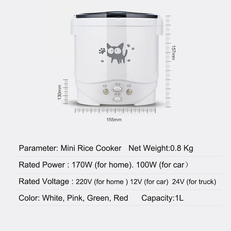 Electric Mini Rice Cooker Portable 1L Water Food Heater Machine Lunch Box Warmer 2 Persons Cooking Machine for Home Car Truck