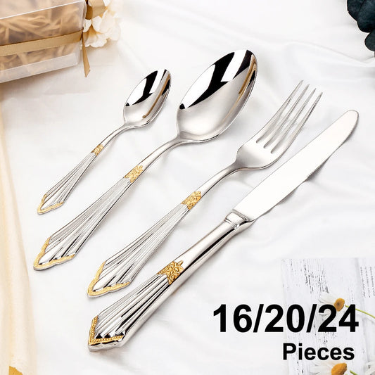 Couverts plaqués or, vaisselle en acier inoxydable, service de table de luxe, couteau en argent, fourchette cuillère miroir, ustensiles de cuisine 8/12/16/20/24 pièces