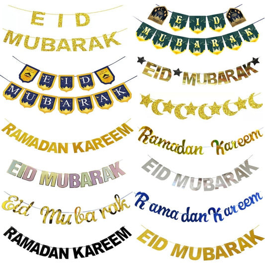 Pancarta EID Mubarak, pancarta de Ramadán Kareem, suministros de decoración para fiestas, adorno colgante de estrella y Luna, decoración Umrah Mubarak para el hogar