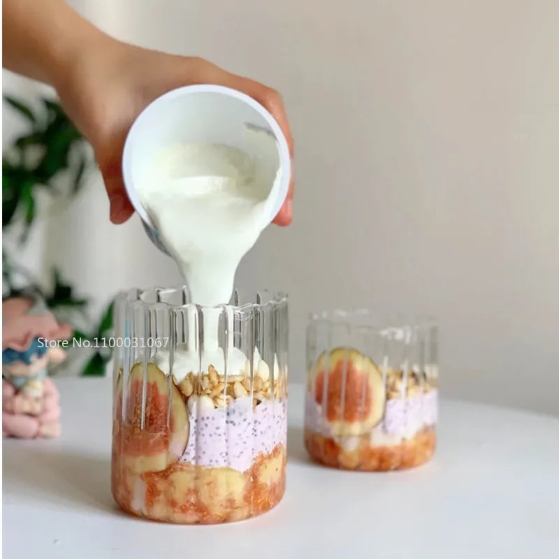 Tasse en verre à rayures, grande tasse créative pour jus de lait, eau, café avec poignée, transparente, pour Dessert, flocons d'avoine, petit déjeuner