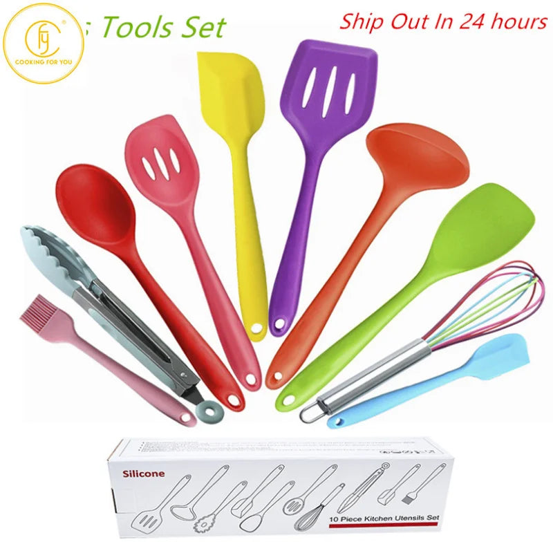 Ensemble d'ustensiles antiadhésifs en Silicone, pinces à tourner, spatule cuillère à soupe, pelle brosse à huile, ensemble d'outils de cuisine, gadgets de cuisine 10 pièces