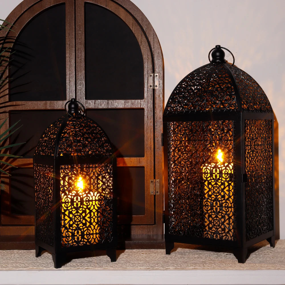 2Pcs Metal Candle Holder Black Candle Lantern Decorative Hanging Lantern with Hollow Pattern for Party Garden Indoors Outdoors