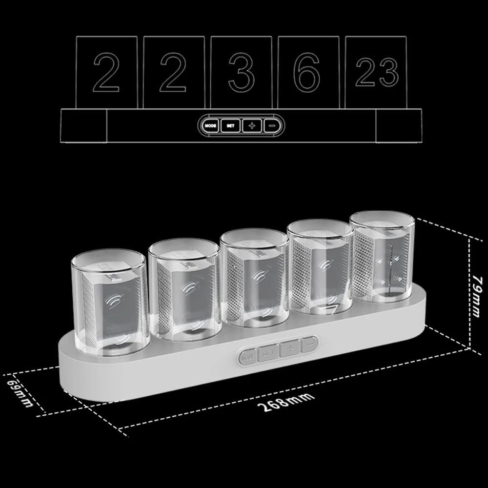 Horloge numérique à tube Nixie avec LED RVB pour la décoration de bureau de salle de jeux. Emballage de boîte de luxe pour idée cadeau.