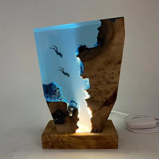 Luz de mesa de resina de organismo mundial de los fondos marinos, cueva de buceo, exploración, luz nocturna temática, lámpara de decoración artística, carga USB, regalo decorativo para el hogar