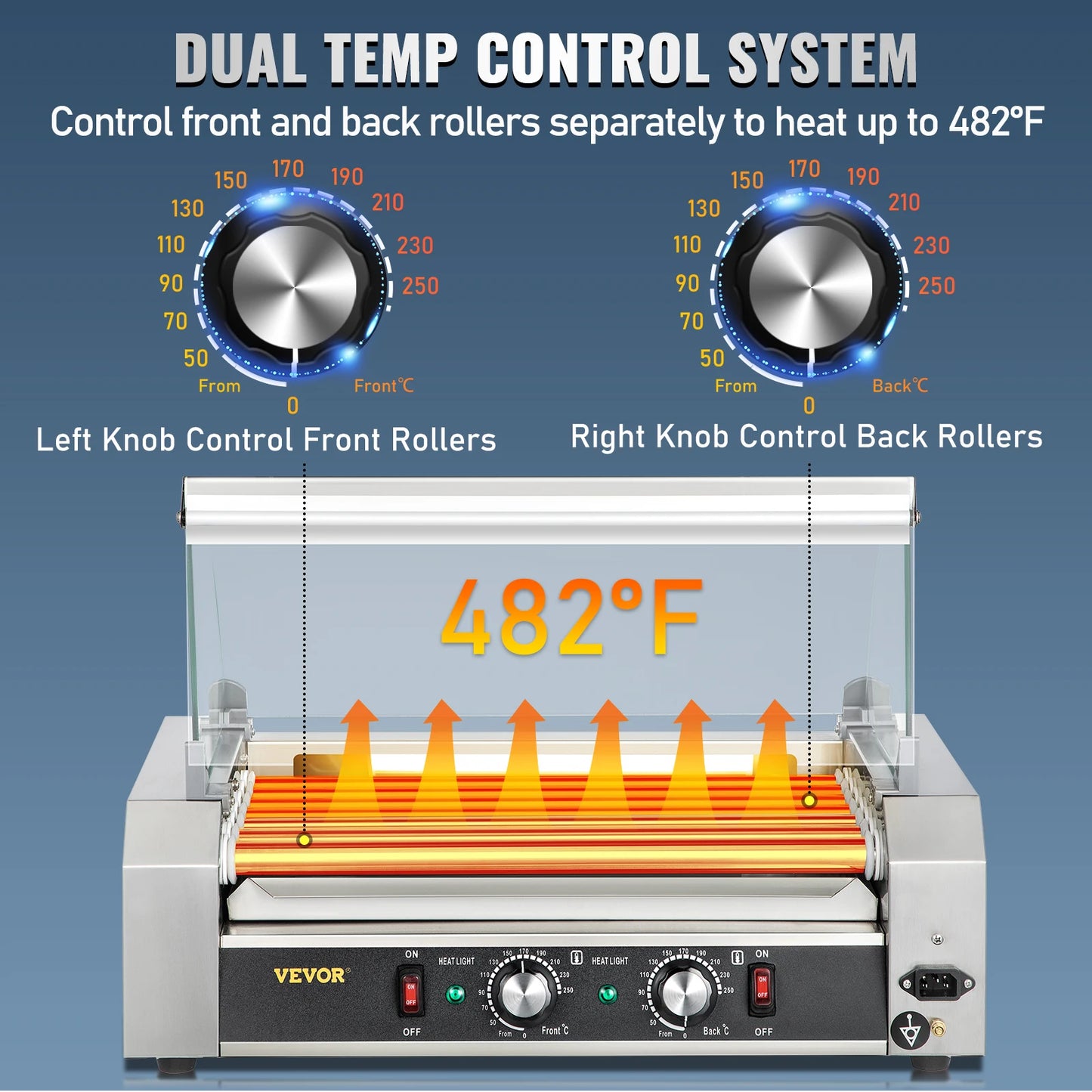 VEVOR rodillo para perros calientes, 5/7/11 varillas, parrilla eléctrica para salchichas de acero inoxidable, cocina con Control de temperatura Dual, máquina para parrilla de barbacoa