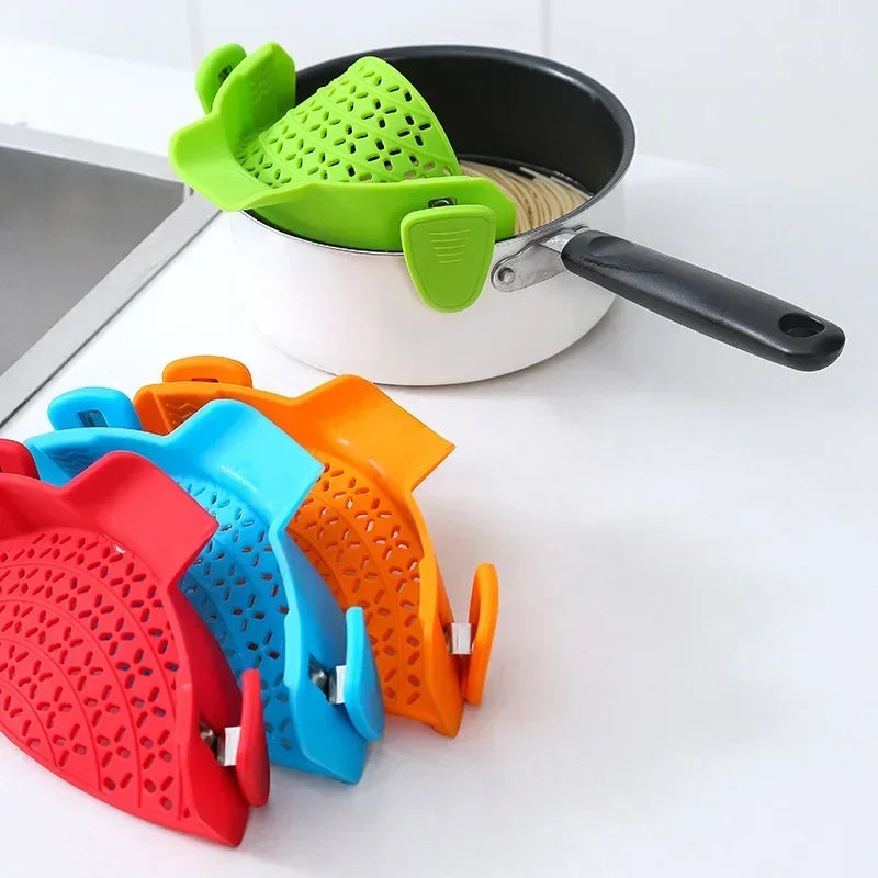 Colador Universal de silicona con Clip para cacerola, colador antiderrames para Pasta, colador de fruta y arroz de calidad alimentaria, colador, artículos de cocina