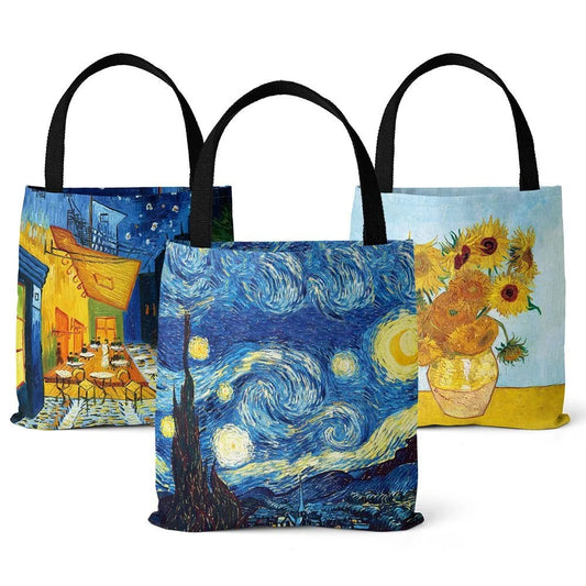 Bolso de lona de la serie Van Gogh, pintura al óleo, noche estrellada, girasol, flor de albaricoque, soporte para café, bolso de hombro ligero