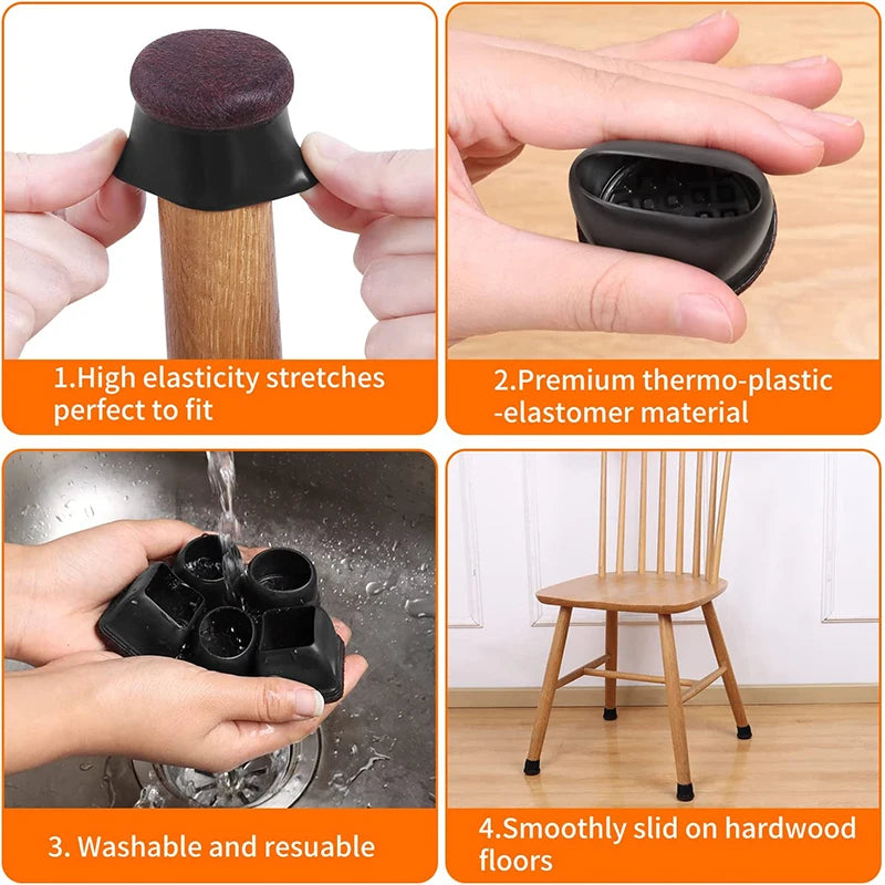 Protecteurs de sol de pieds de chaise en Silicone noir, 16 pièces, avec feutre enveloppé, pour tabouret de Bar, couvre-pieds de chaise, housse de Protection des pieds de meubles