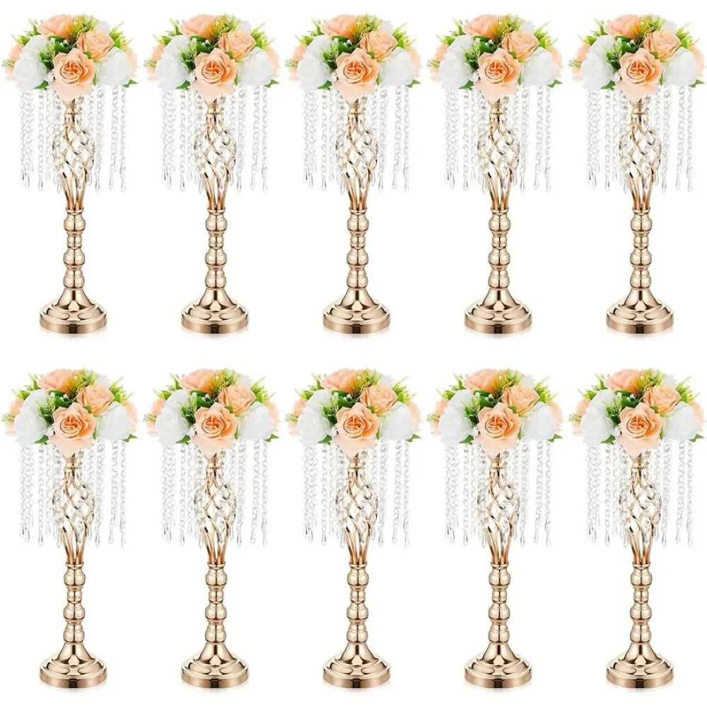 10 Pcs 21.7 Inches Gold Crystal Wedding Centerpieces for Tables With Metal Chandelier Holder Stand Home Decorations Vase Decor