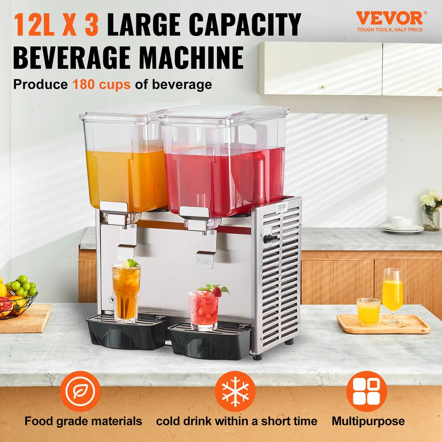 VEVOR 2 3 Tanks Commercial Beverage Dispenser Ice Tea Drink Machine 304 Stainless Steel Juice Dispenser for Restaurant