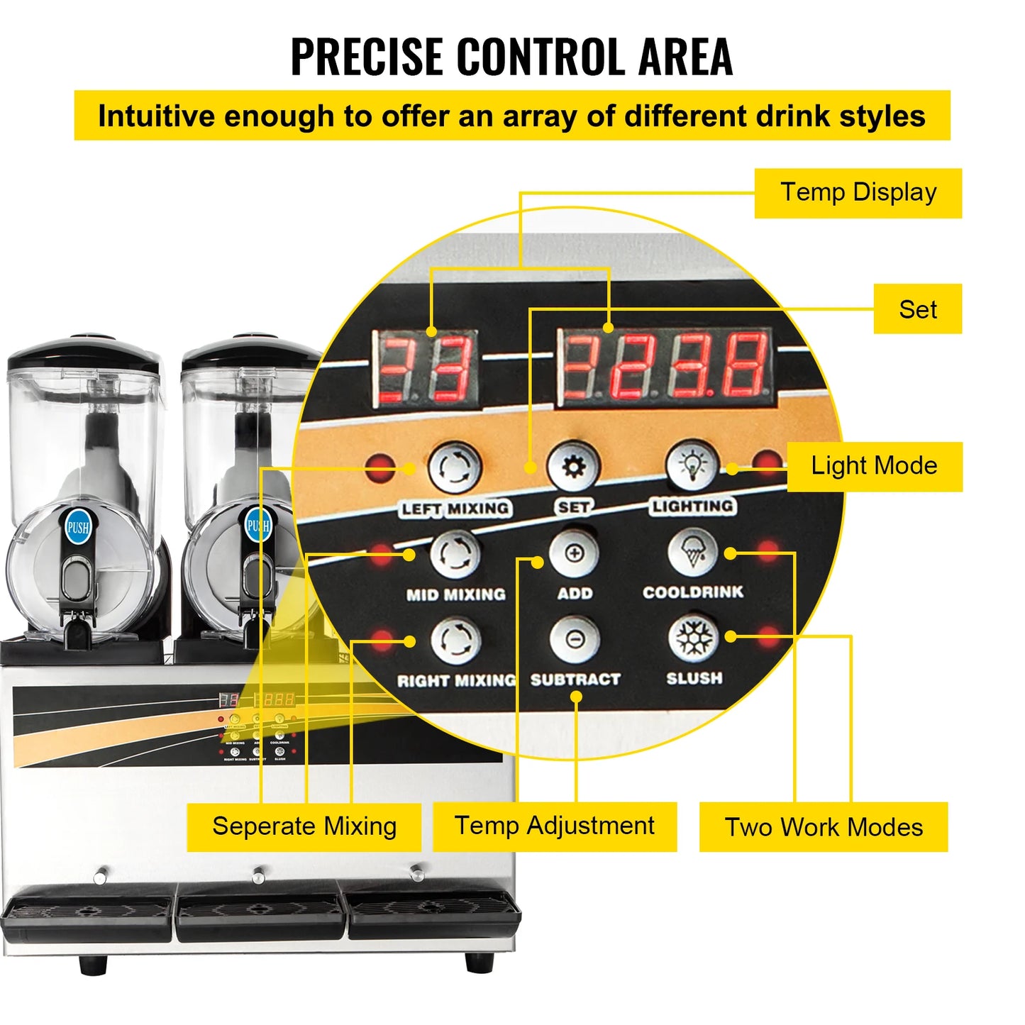 VEVOR-máquina de granizados de 45L, Panel de Control LED inteligente, dispensador de bebidas, exprimidor, granizadora de bebidas, batidora para uso comercial