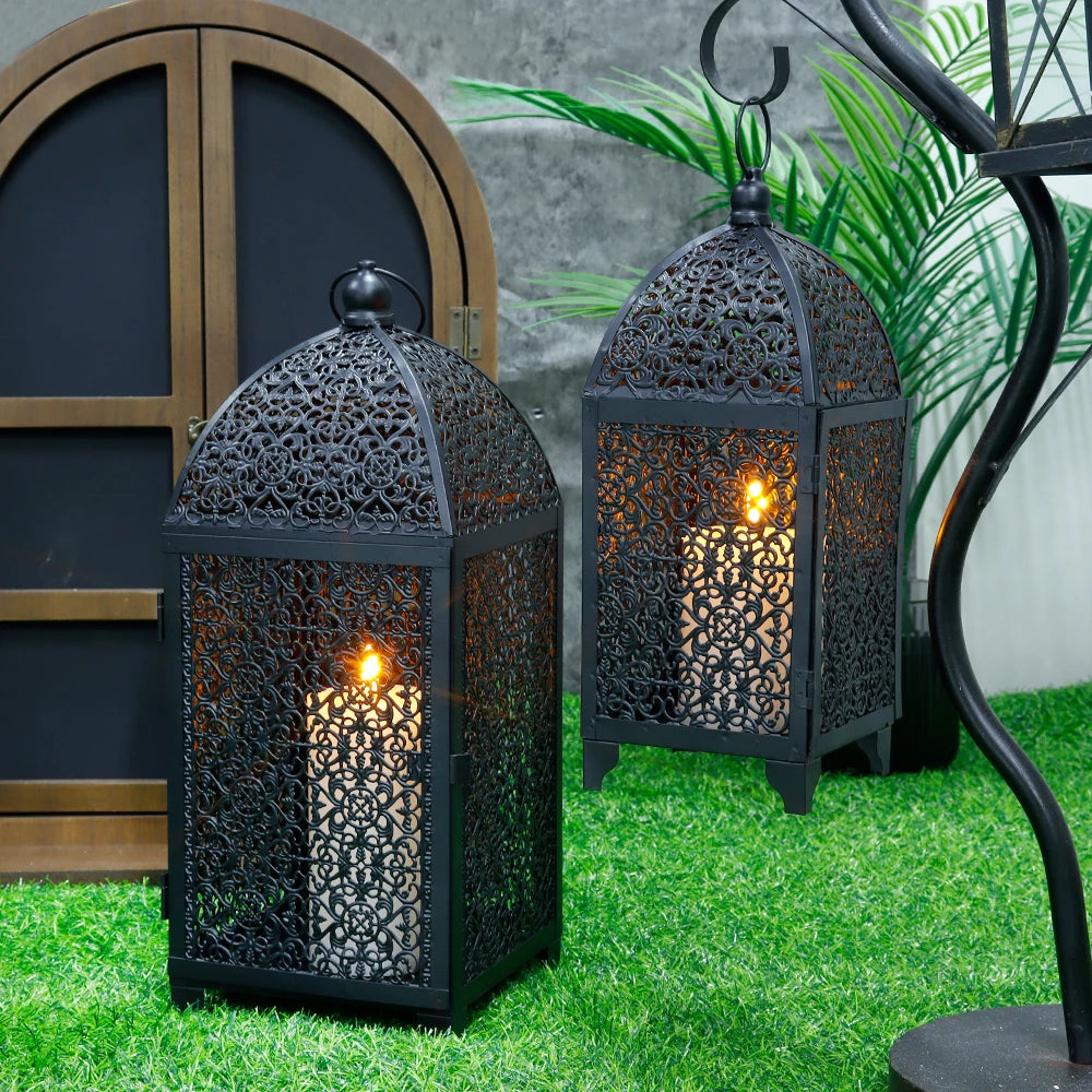 Portavelas de Metal, farol de vela negro, farol colgante decorativo con patrón hueco para fiesta, jardín, interior y exterior, 2 uds.