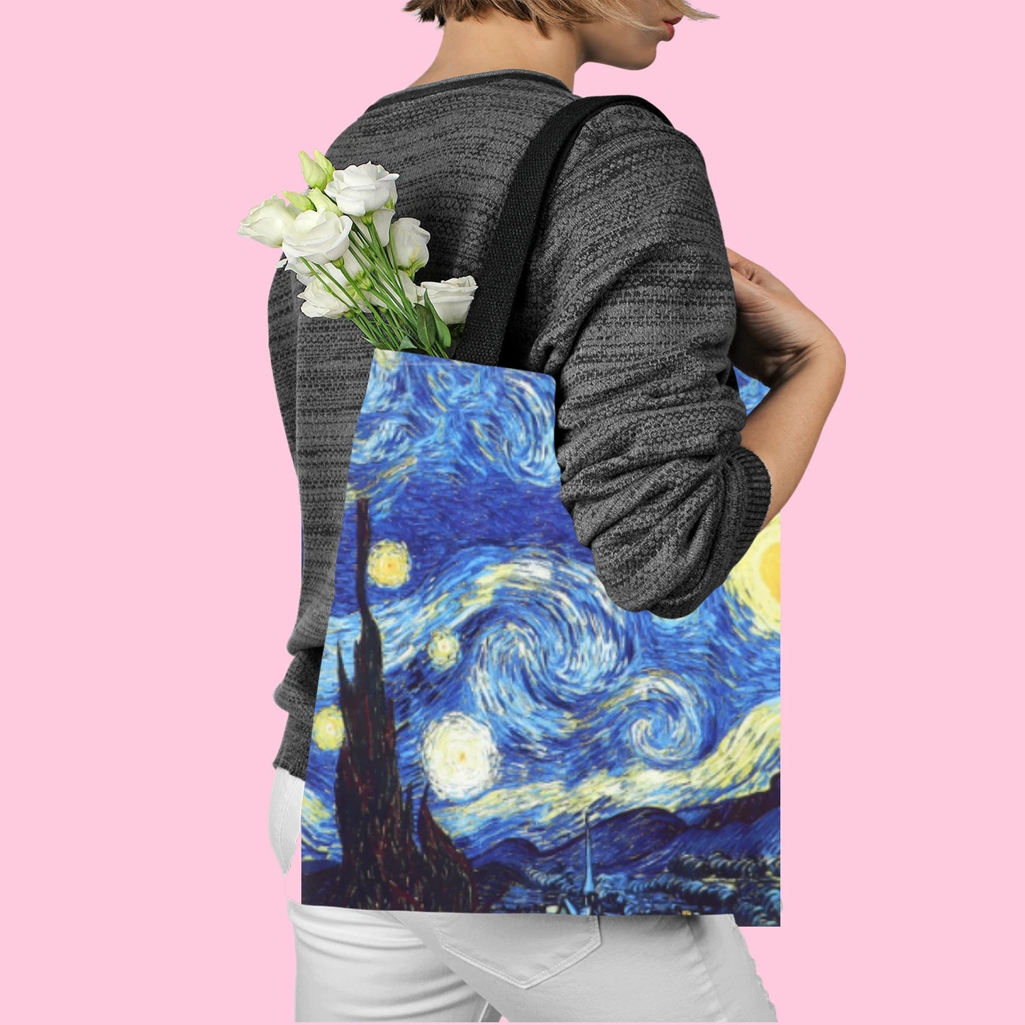 Bolso de lona de la serie Van Gogh, pintura al óleo, noche estrellada, girasol, flor de albaricoque, soporte para café, bolso de hombro ligero