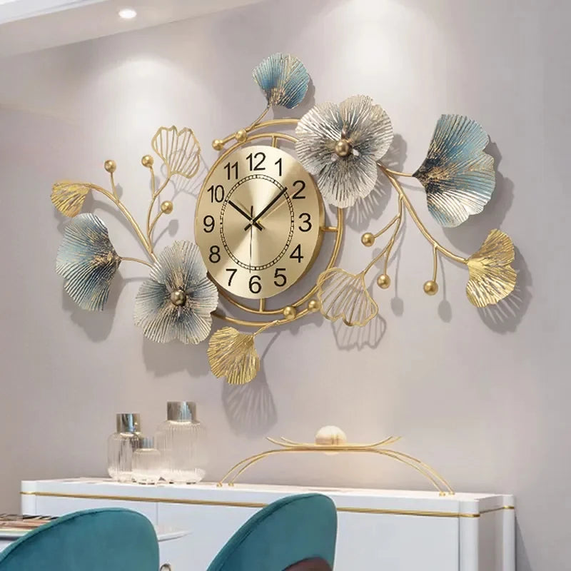 Reloj de pared creativo de lujo para sala de estar, comedor, sofá, fondo, decoración de pared del hogar, colgante de pared de hierro dorado, envío rápido grande