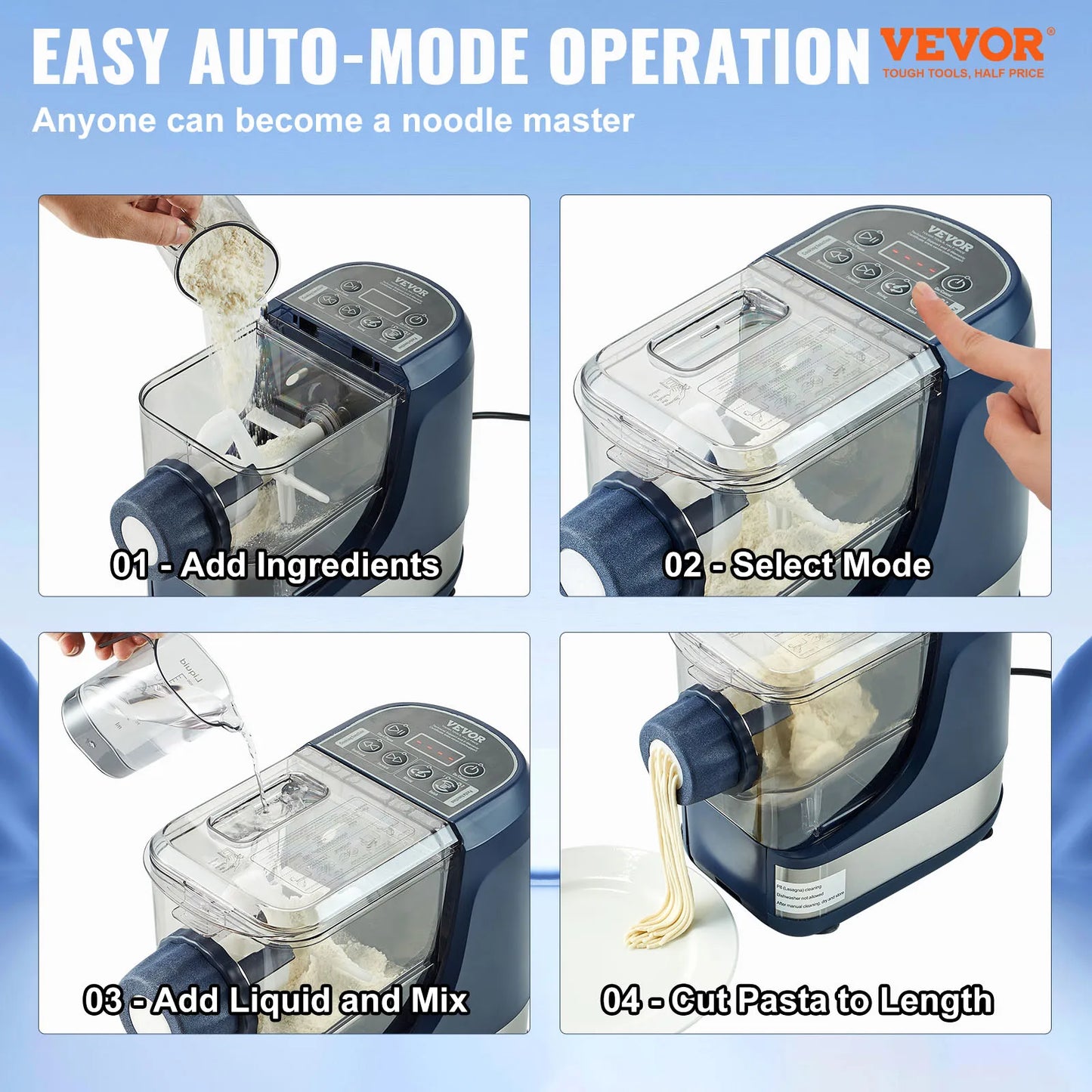 VEVOR Electric Pasta Maker 150W Automatic Noodle Maker Machine with 4 Intelligent Modes 500g Flour Capacity Pasta Maker Machine