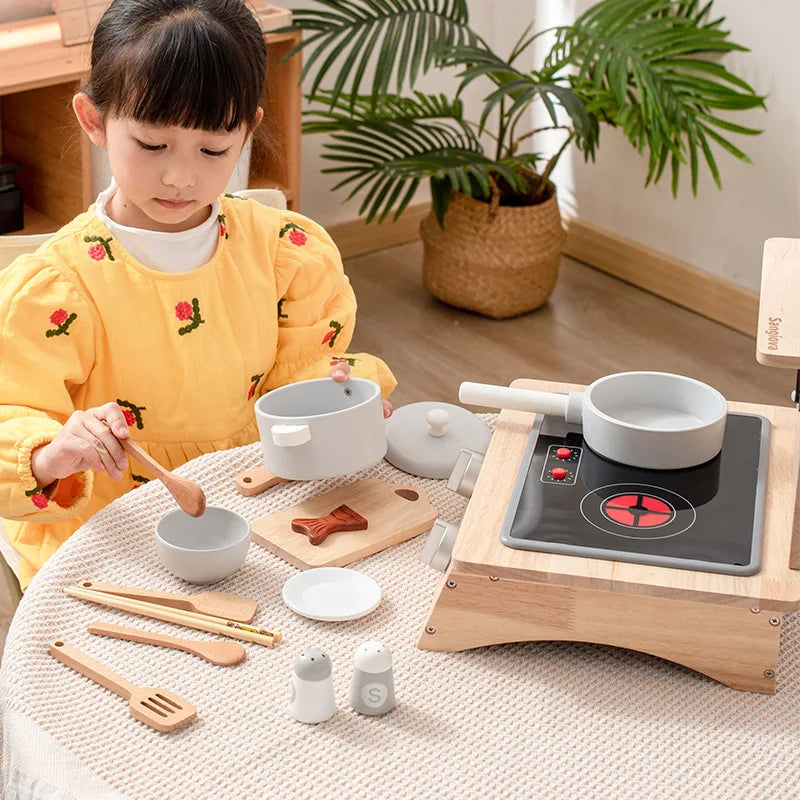 Baby Wooden Simulation Sound and Light Induction Kitchen Stove Small Cooker Pot and Dish Playhouse Tableware Cooking Set Play