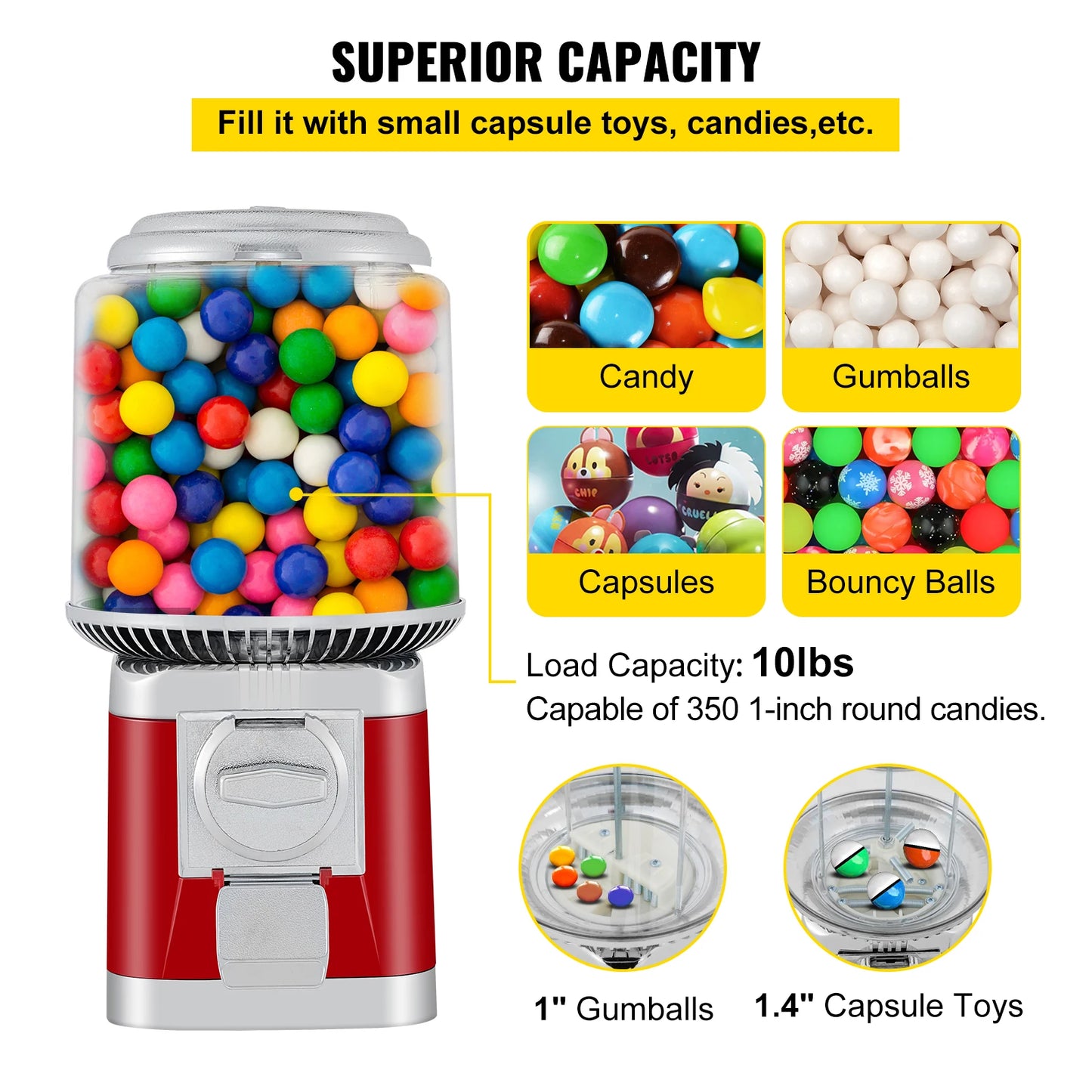 VEVOR Candy Gumball Vending Machine Dispenser W/ Keys Capacity 375PCS / 10LBS for Gaming Stores Selling Bouncy Ball, Capsule Toy