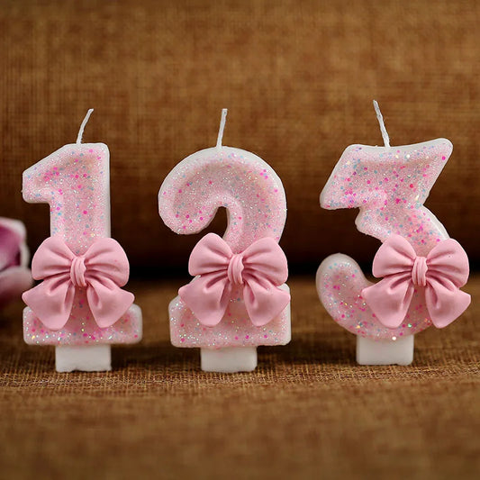 Bougies de décoration de gâteau avec chiffres 3D roses, jolies bougies numériques avec nœud rose, décoration de gâteau pour fête d'anniversaire, fête commémorative