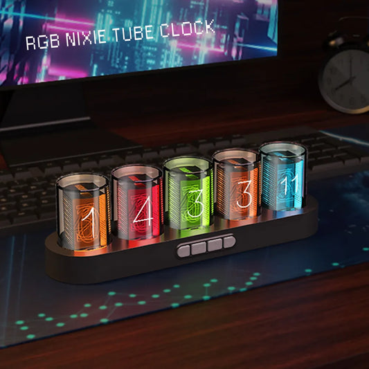 Reloj digital Nixie Tube con luces LED RGB para decoración de escritorio de sala de juegos. Embalaje de caja de lujo para idea de regalo.