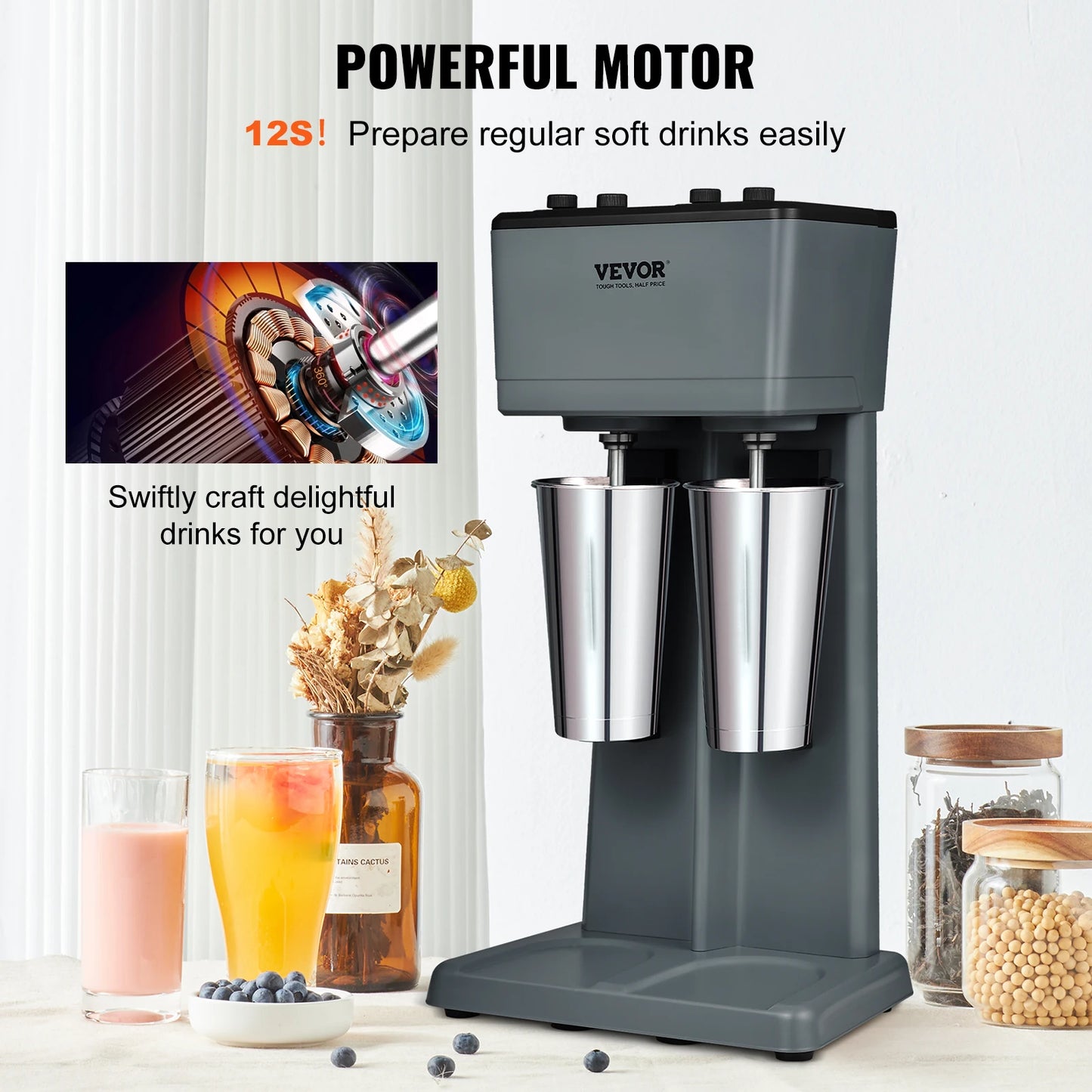 VEVOR Milkshake Maker Mixer Machine Double Head Stainless Steel Drink Blender 3-Speed Milkshake Mixer for Commercial Home