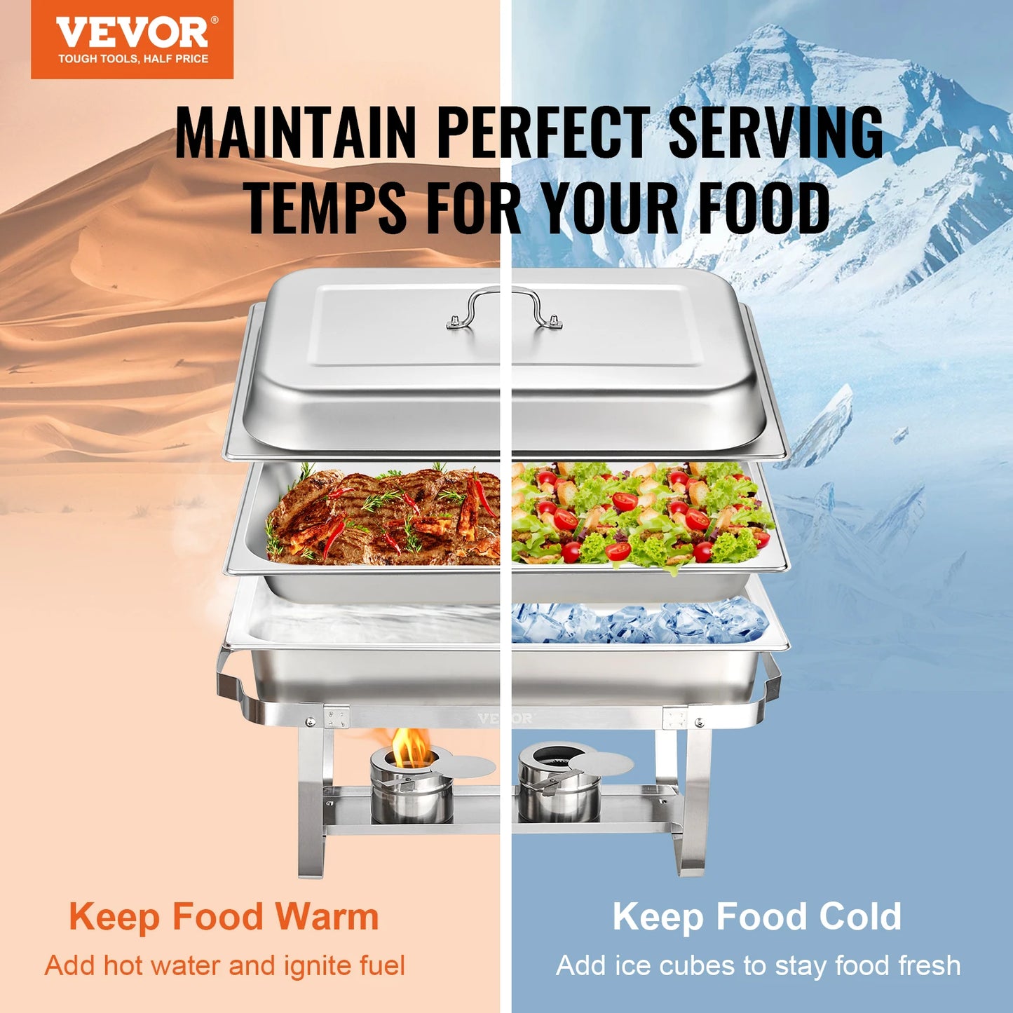 VEVOR 8QT 2 Pack Chafing Dish Buffet Set Stainless Chafer w/ 2 Full & 4 Half Size Pans Rectangle Catering Warmer Server with Lid