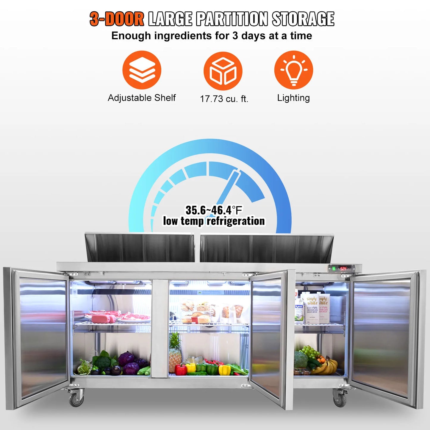 VEVOR – table de préparation de sandwichs et de salades de 72 pouces, Station de préparation des aliments réfrigérée en acier inoxydable de 17,73 pieds cubes avec 18 casseroles coupées pour Restaurant