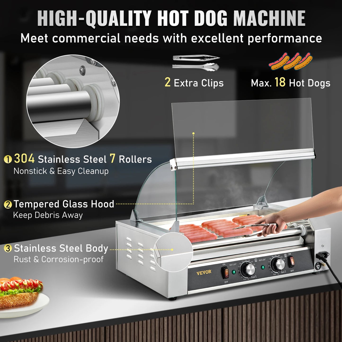 VEVOR Hot Dog Roller 5/7/11 Rods Stainless Steel Electric Sausage Grill Cooker With Dual Temp Control Barbecue Grill Machine