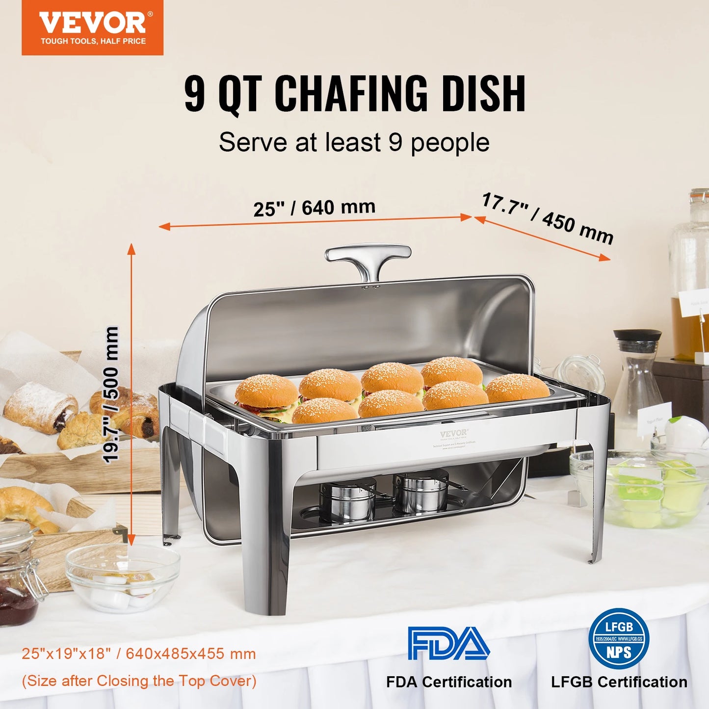 VEVOR – ensemble de buffet avec réchaud à rouleau, 8 Qt, en acier inoxydable, avec poêle rectangulaire pleine grandeur, serveur chauffant avec couvercle