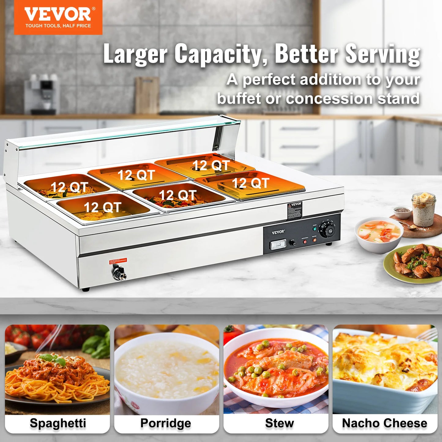 VEVOR Commercial Food Warmer with Tempered Glass Cover Electric Steam Table Countertop Stainless Steel for Catering Restaurants