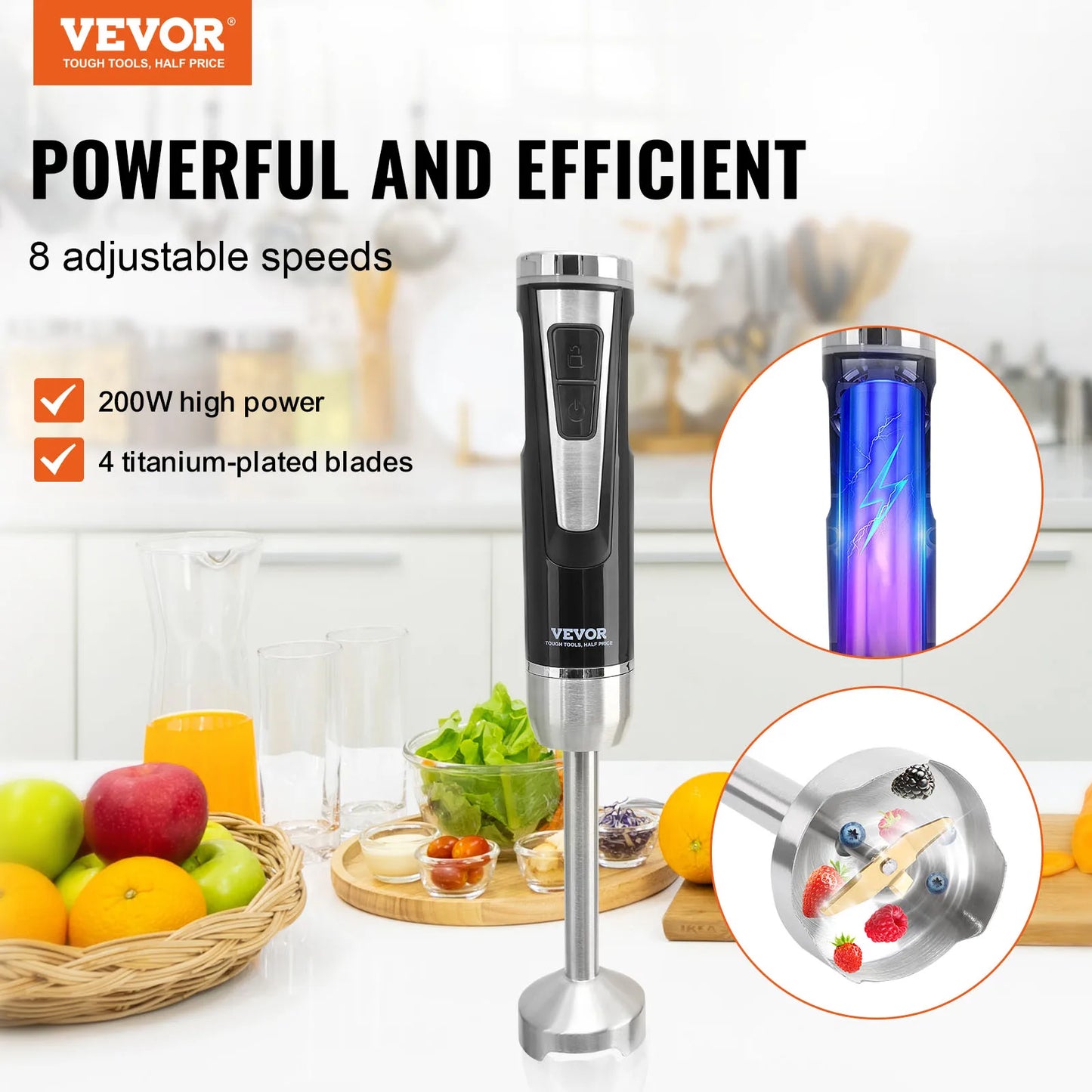 VEVOR 8/12 Speed Immersion Mini Portable Blender Handheld Mixer Machine 200W 500W  Cordless Recharge home-appliance for Kitchen