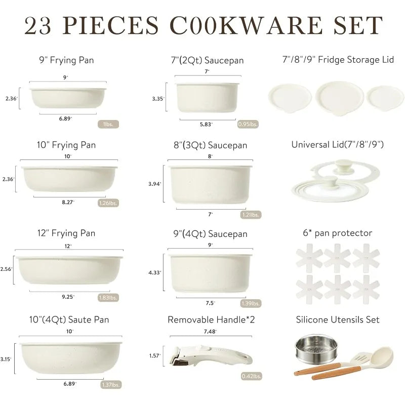 CAROTE Juego de ollas y sartenes de 23 piezas, juego de utensilios de cocina antiadherentes con mango desmontable, juegos de utensilios de cocina de inducción antiadherentes