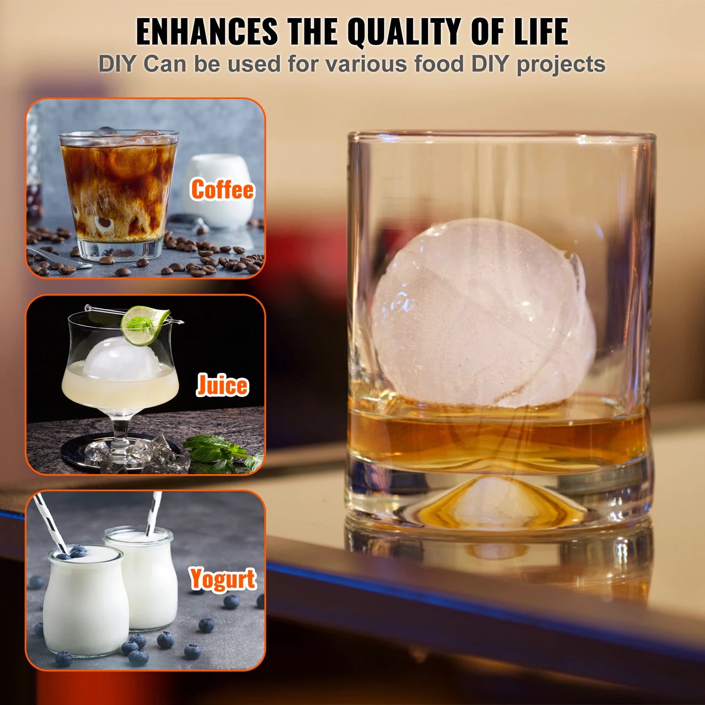 VEVOR 60mm Ice Ball Press Maker Spherical Whiskey Tray Mould Bubble-Free Making Mold DIY Crystal Ice Ball Box for Bar Cocktail