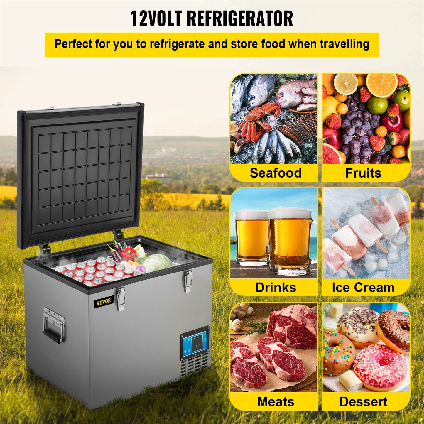 VEVOR 45L 60L 85L Mini Car Refrigerator Portable Compressor Freezer Cooler 12V/24V DC 110-240 AC for RV Boat Camping Travelling