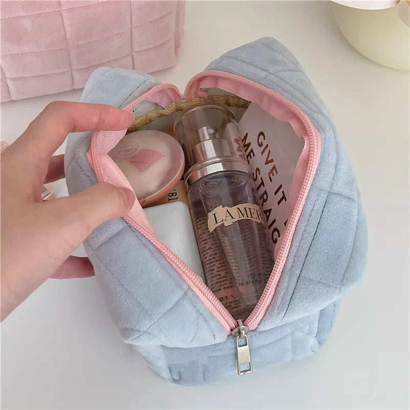 Neceser grande con cremallera de Color sólido para mujer, bolsa de maquillaje de piel bonita, neceser de viaje, bolsa de lavado, estuche para bolígrafos de felpa