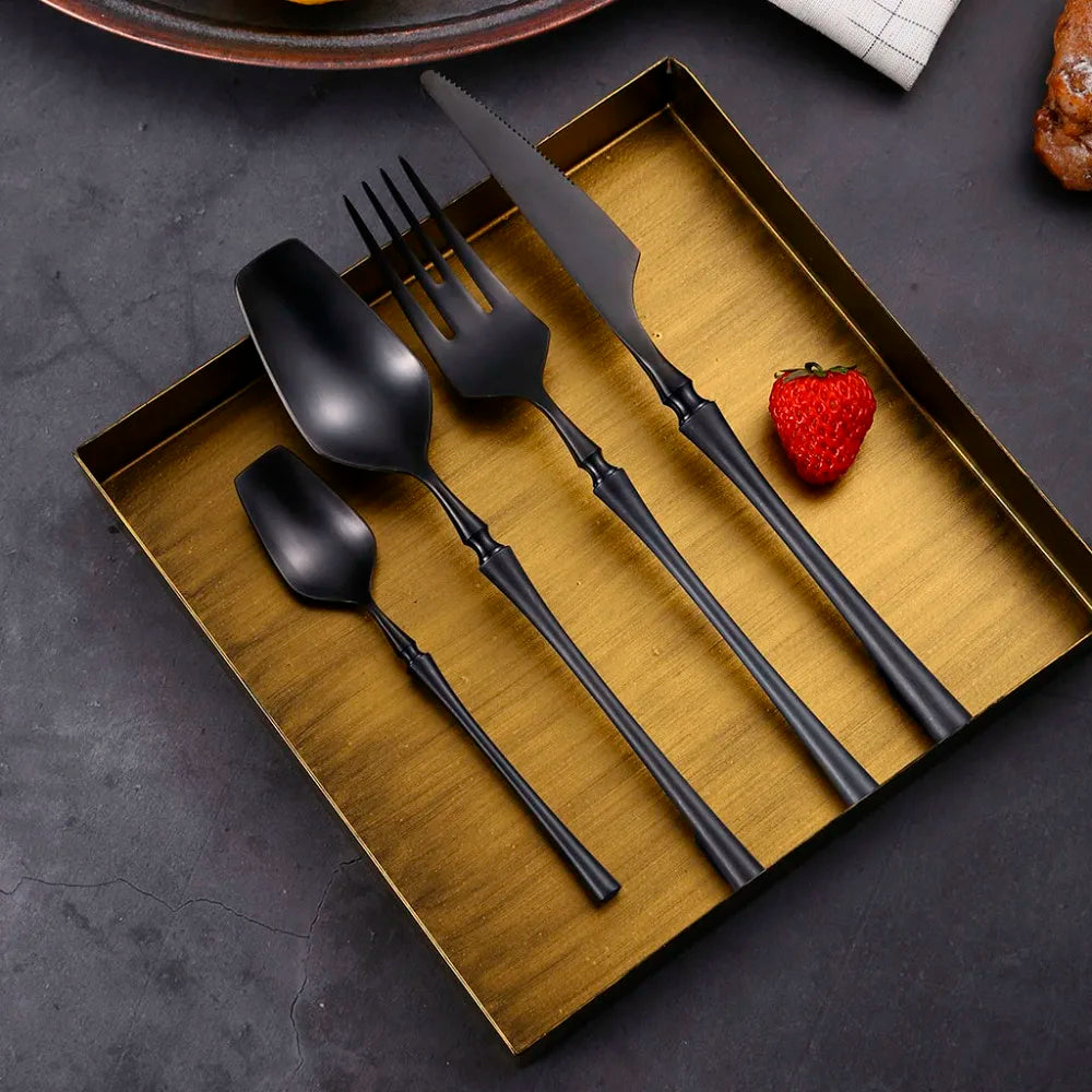 24 Pcs Mirror Matte Stainless Steel Black Gold Silver Cutlery Dinnerware Tableware Knife Spoon Fork Flatware Set Dishwasher Safe