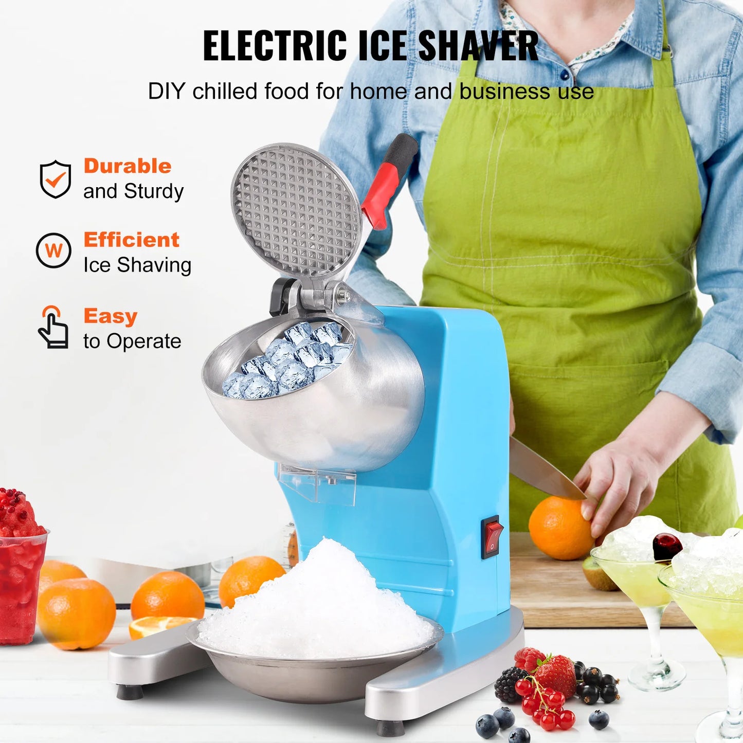 VEVOR-máquina trituradora de hielo, máquina eléctrica para hacer conos de nieve, 220 libras por hora, con 4 cuchillas, máquina de hielo raspado de acero inoxidable