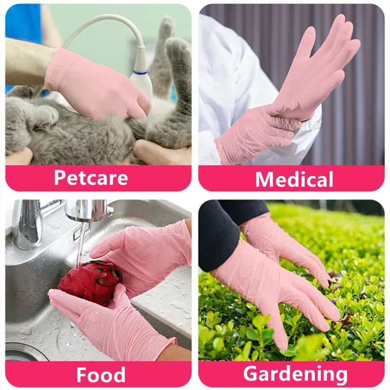 Guantes rosas desechables, paquete de 100, guantes de nitrilo en polvo, sin látex, no esterilizados, limpieza de alimentos, salón de belleza, cocina, guantes para el hogar