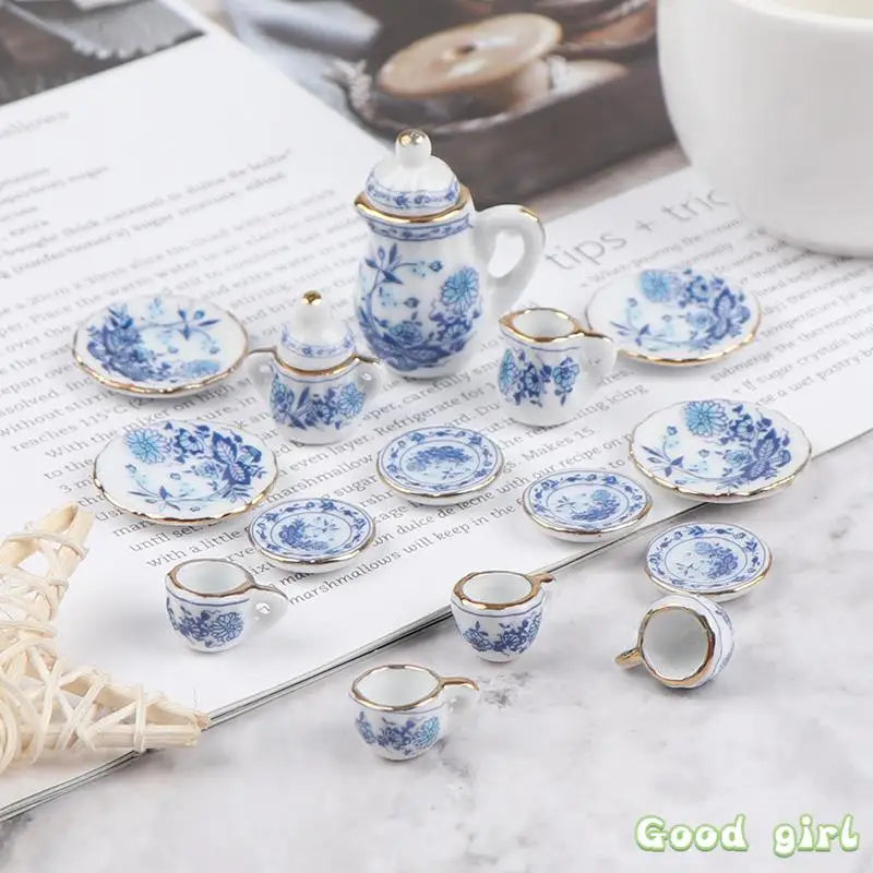 Juego de tazas de té de porcelana en miniatura 15 Uds. 1:12, vajilla de flores, cocina, muebles para casa de muñecas, juguetes para niños, tazas de té, casa de muñecas