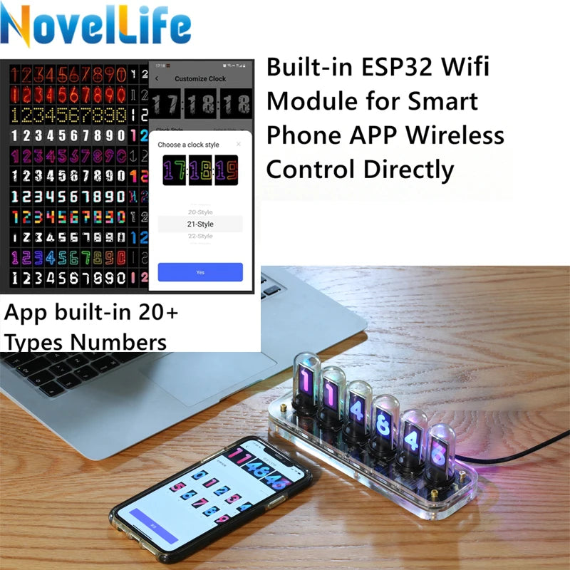 NovelLife Tube Clock Kit d'horloge à Tube Nixie Calendrier numérique Chronomètre 6 Bits LCD Affichage de l'heure Photo Décoration de Bureau créative Cadeaux