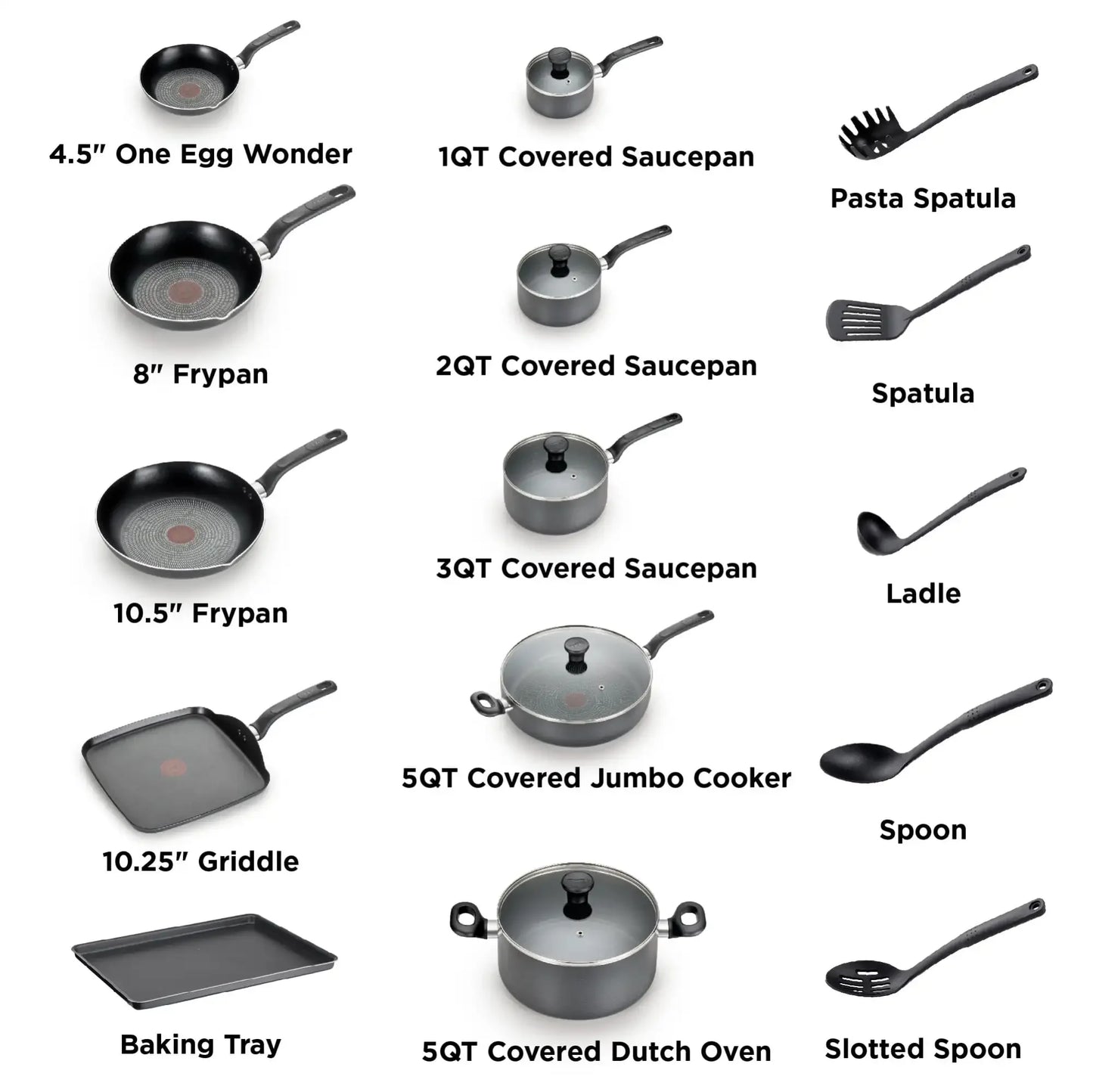 Batería de cocina antiadherente T-fal Easy Care, juego de 20 piezas, gris, apta para lavavajillas