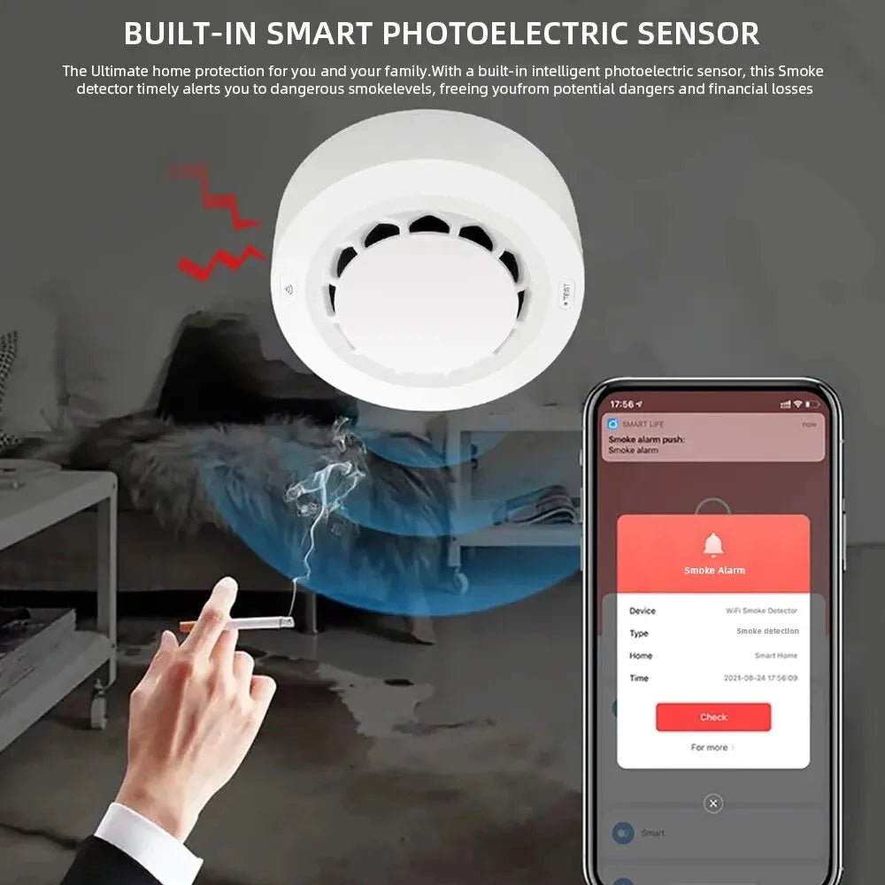 ONENUO Tuya WiFi Smoke Detector Photoelectric Sensor Fire Alarm Home Kitchen Security System Work With Smart Life APP