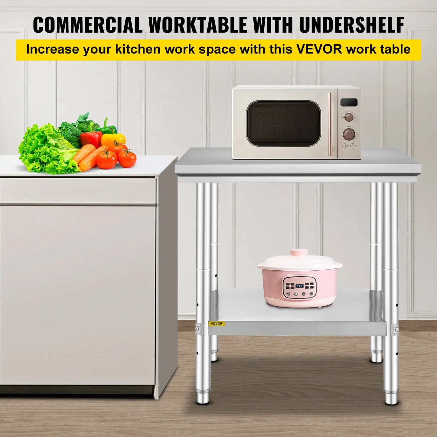 VEVOR Kitchen Work Bench Commercial Catering Table Worktable with Undershelf Stainless Steel 330LBS 286LBS for Restaurant Garage