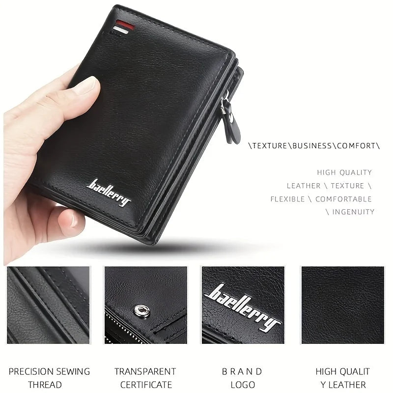 Baellerry New Men PU Leather Short Wallet With Zipper Coin Pocket Vintage Big Capacity Male Short Money Purse Card Holder