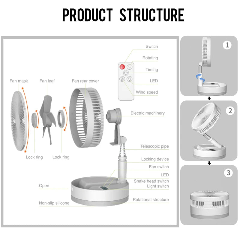 P10 10800mAh Folding Portable Fan USB Remote Control Air Cooler Silent Rechargeable Wireless Floor Standing Fan for Camping Desk