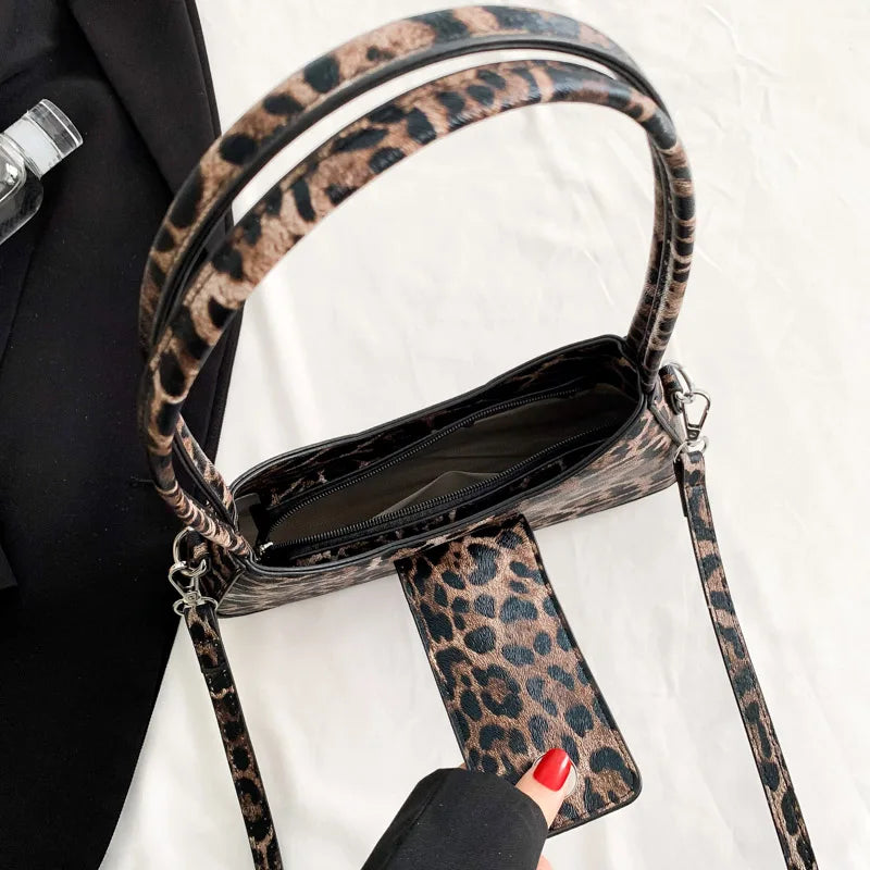 Bolso de estilo francés para mujer, bolso de mano de leopardo marrón y negro, bolso de mano para mujer, bolsos cruzados de cuero PU Vintage versátiles