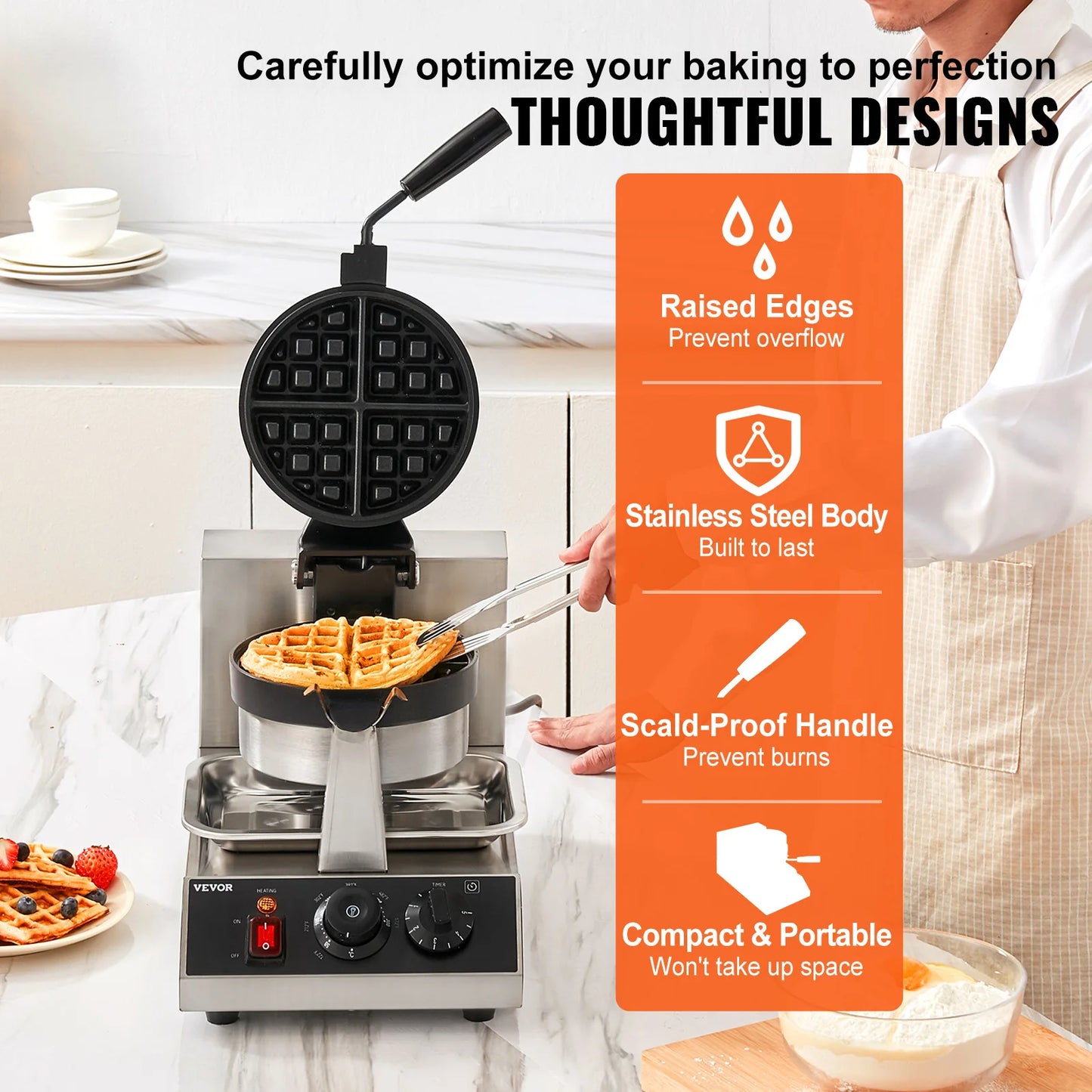 VEVOR Electric Waffle Maker Round Waffle Iron Non-Stick Waffle Baker Machine Teflon-Coated Baking Pans Stainless Steel Gaufriers