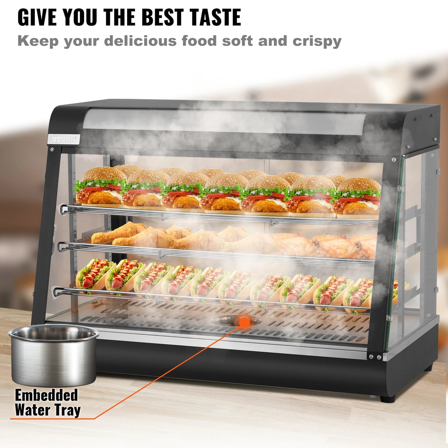 VEVOR Commercial Food Warmer Display Countertop Pastry Warmer w/Temp Knob Display 0.6L Water Tray Stainless Frame Glass Doors