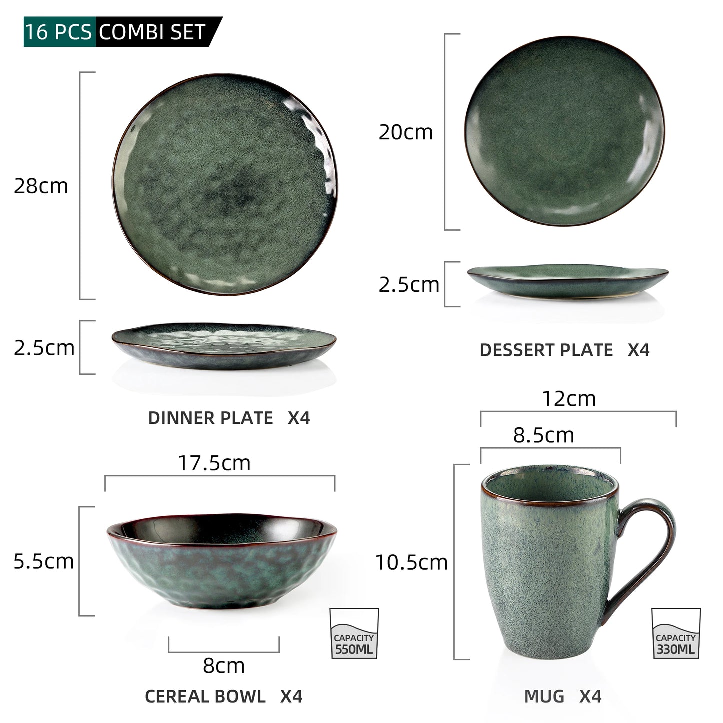 VANCASSO – service de table vert étoilé, service de table en porcelaine glacée avec changement de four, assiette à dîner/Dessert, bol, tasse, 16/32/48 pièces