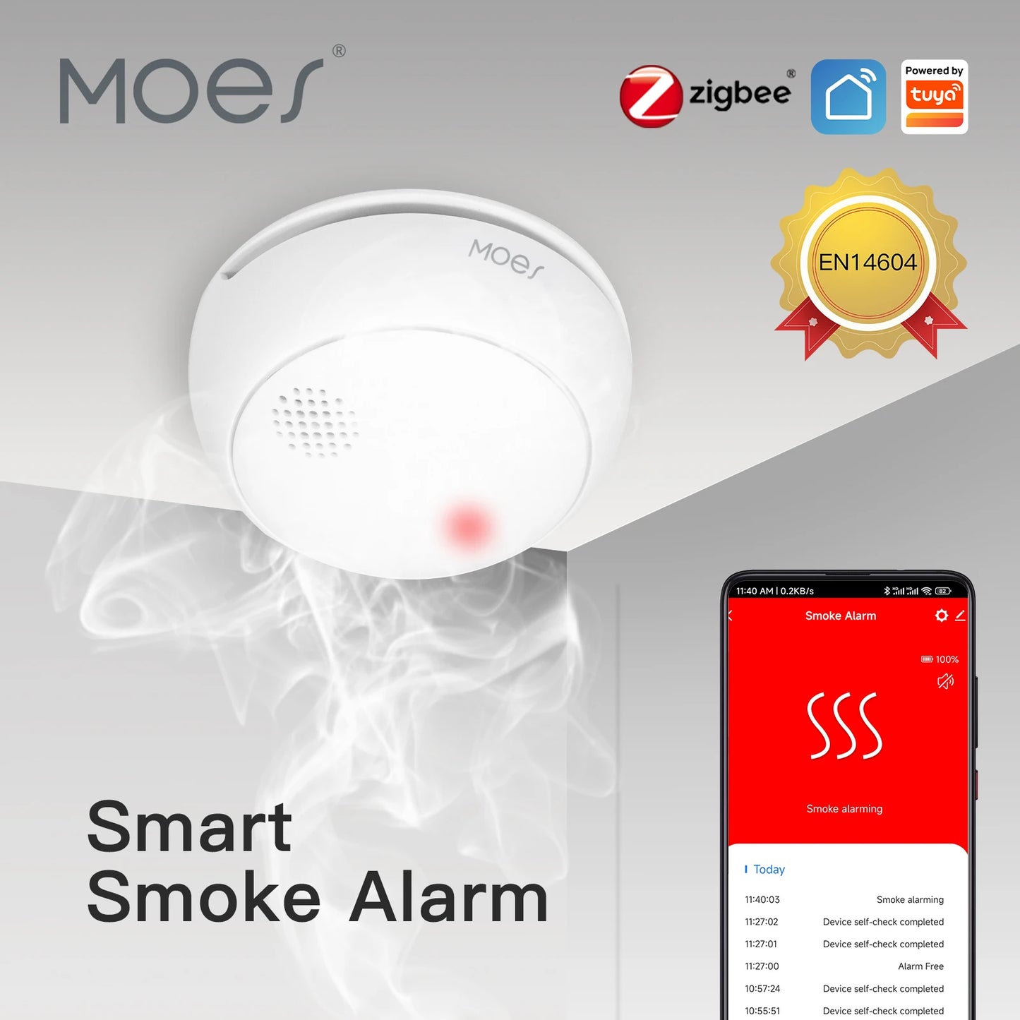 MOES ZigBee détecteur de fumée sans fil intelligent incendie 85dB alarme sonore capteur de sirène Protection de sécurité intelligente maison cuisine alerte incendie App